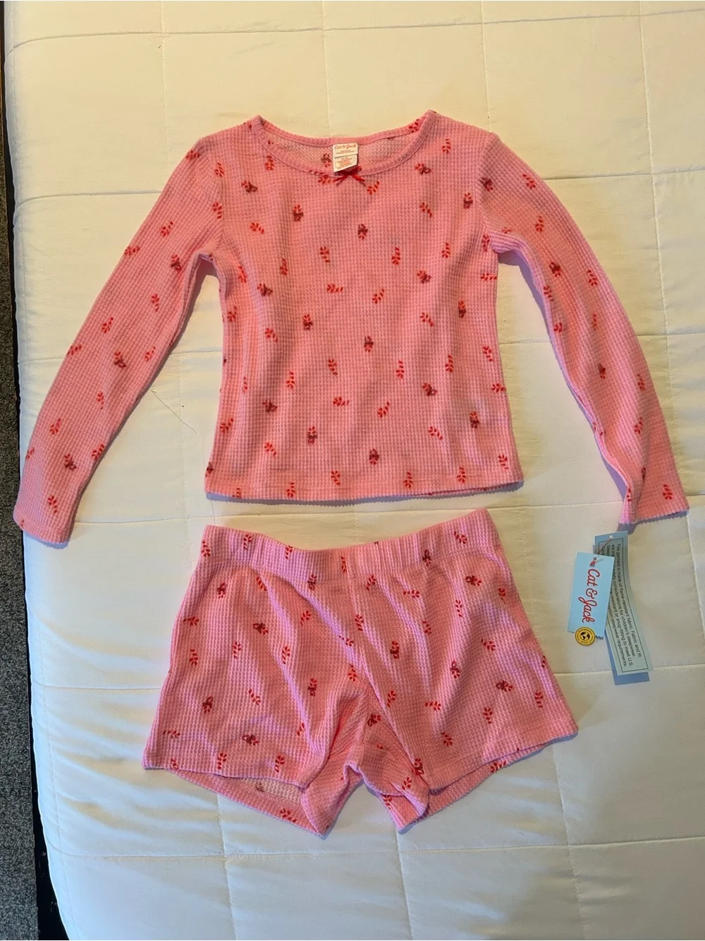 Cat & Jack Pink Candy Cane Thermal Pajama Set - Long Sleeve Top & Shorts
